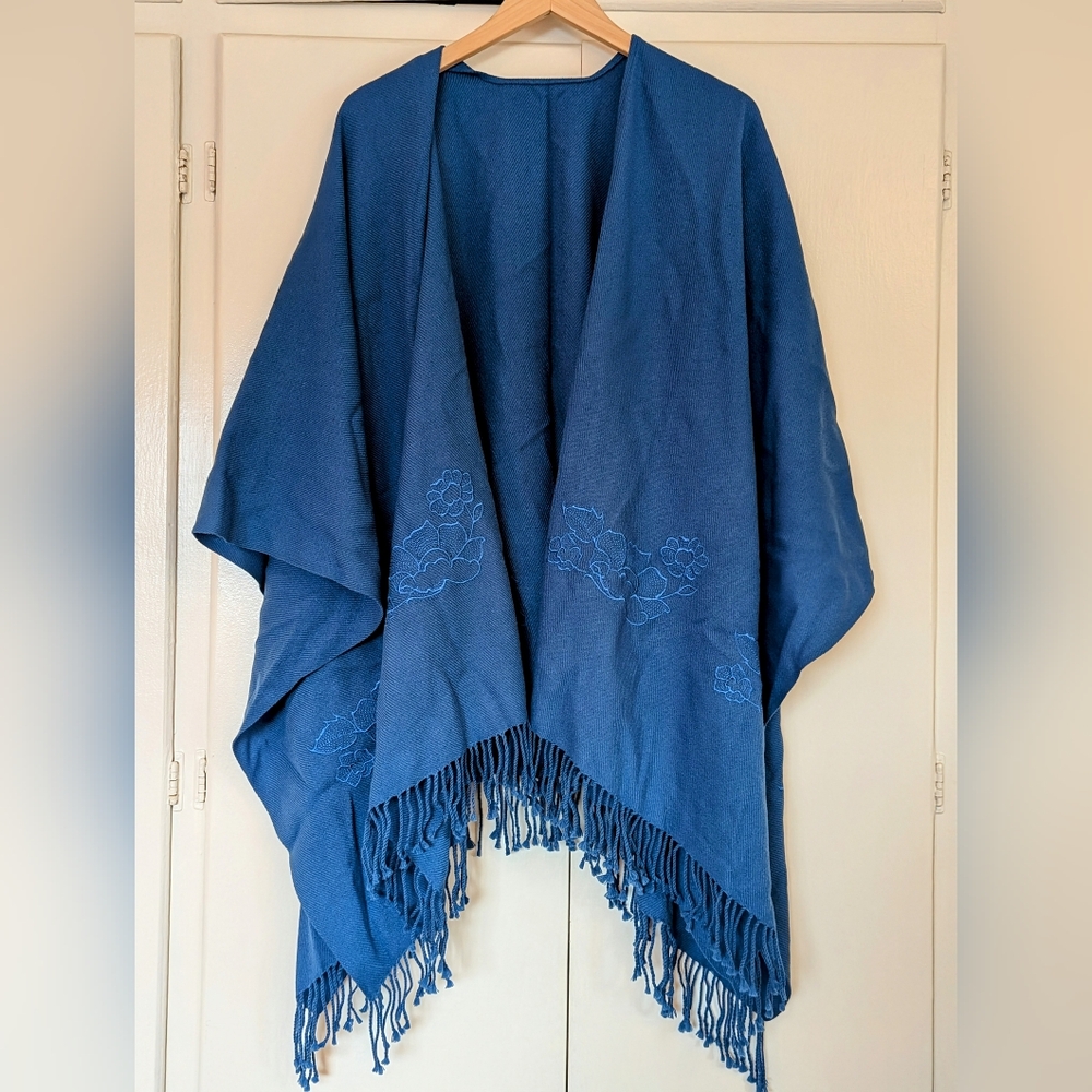 Women's Blue Sweater Shawl Poncho, Tassel Fringe Flower Embroidery Sammytex